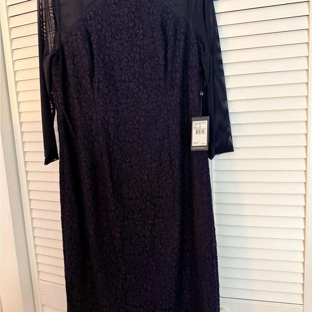Adrianna Papell Navy Blue Lace 3/4 Sleeve Sheath Dress with Yoke